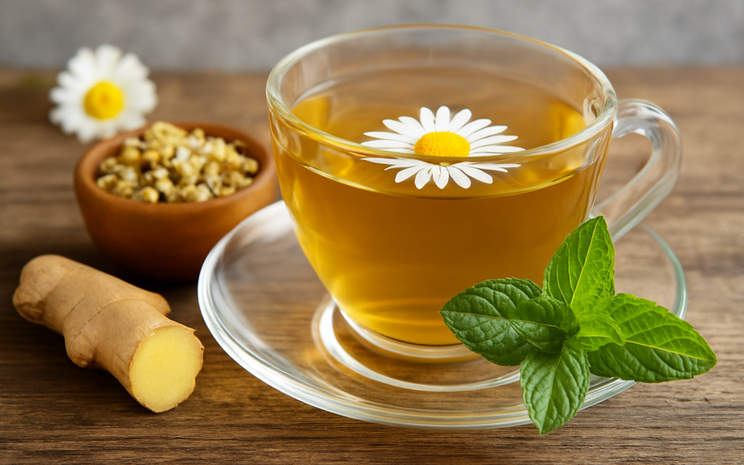 Taza de té de manzanilla con menta y jengibre fresco sobre una mesa de madera
